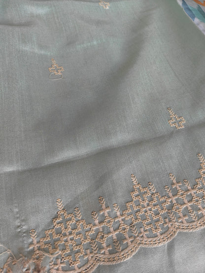 Multicolored sea green Italian satin crepe Silk with contrast blouse Saree