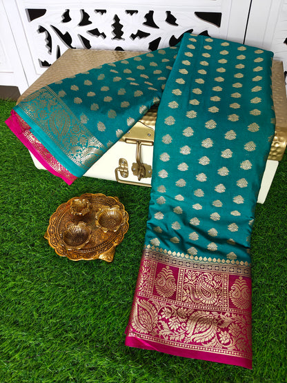 Peacock or Teal Blue Banarasi Semi Georgette Silk Saree with Rani Pink Contrast Border & Blouse