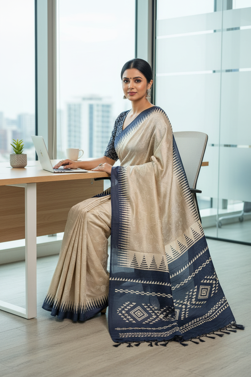 Cream Self Thread Embroidered Soft Silk Saree with Contrast Border