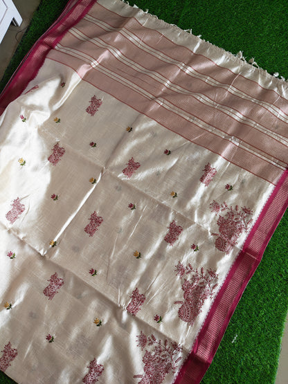 Cream Nandi Embroidered  Silk Saree