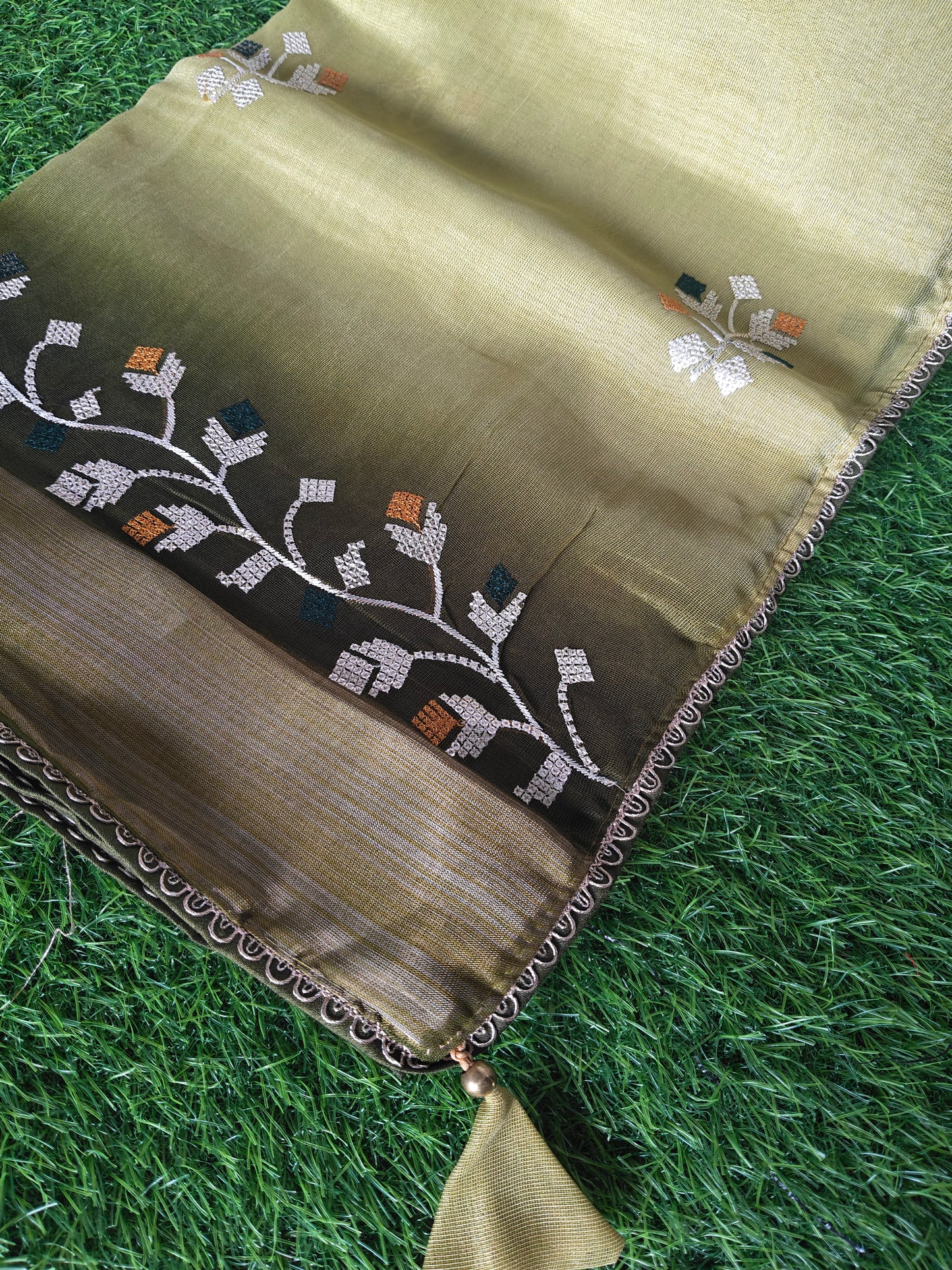 Double shaded dark green & light green color soft net thread embroidered saree