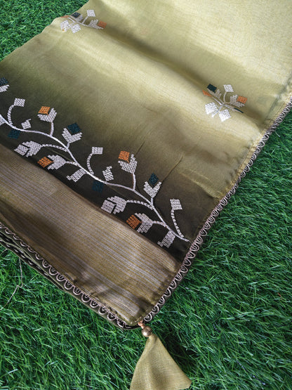 Double shaded dark green & light green color soft net thread embroidered saree