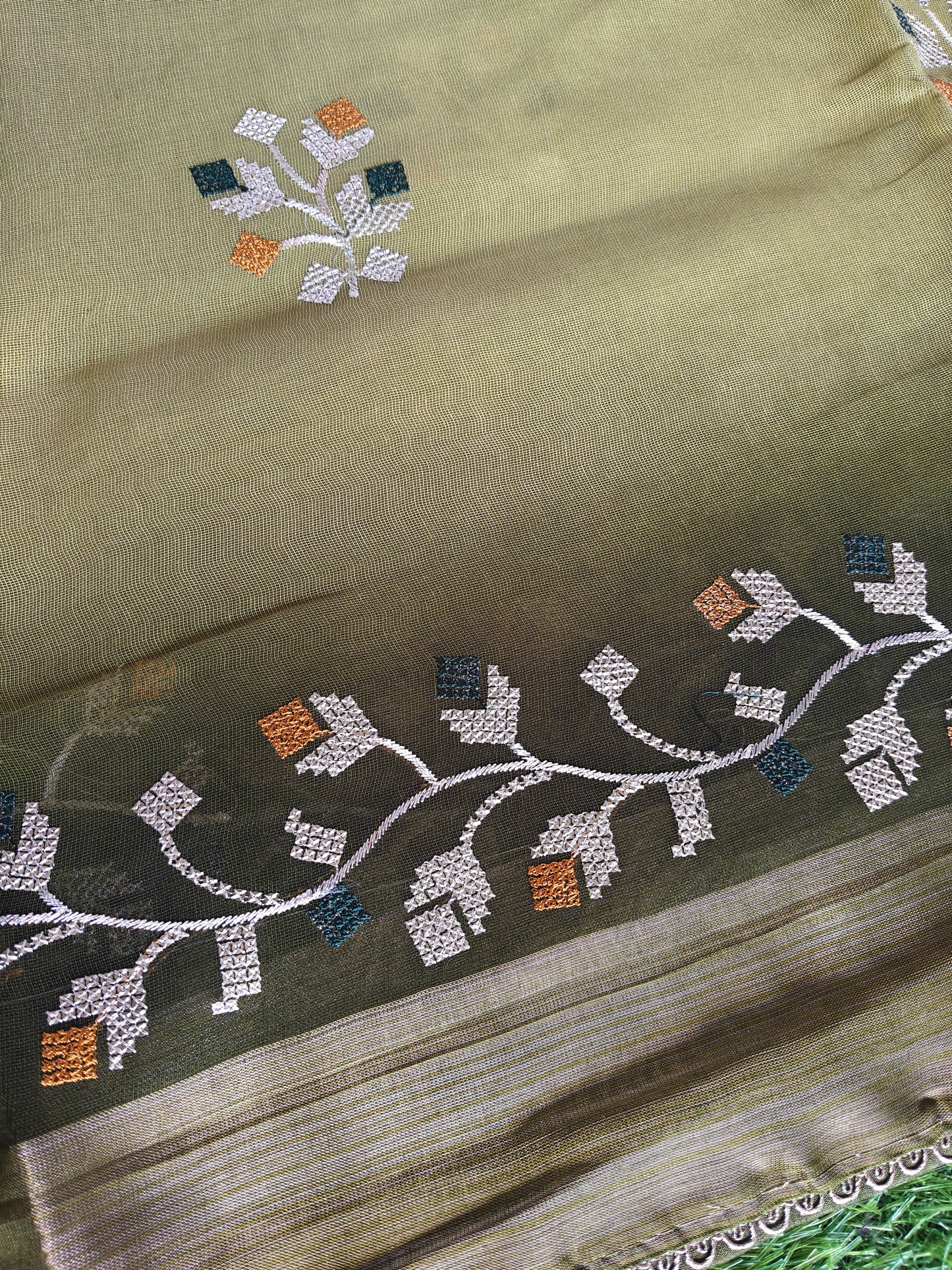 Double shaded dark green & light green color soft net thread embroidered saree