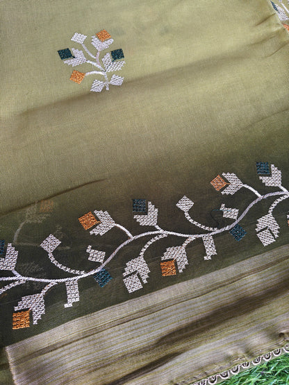 Double shaded dark green & light green color soft net thread embroidered saree