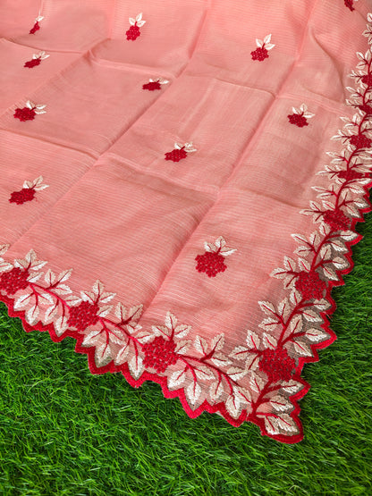 Kota cotton Carrot Color Thread Embroidered Saree (Copy)