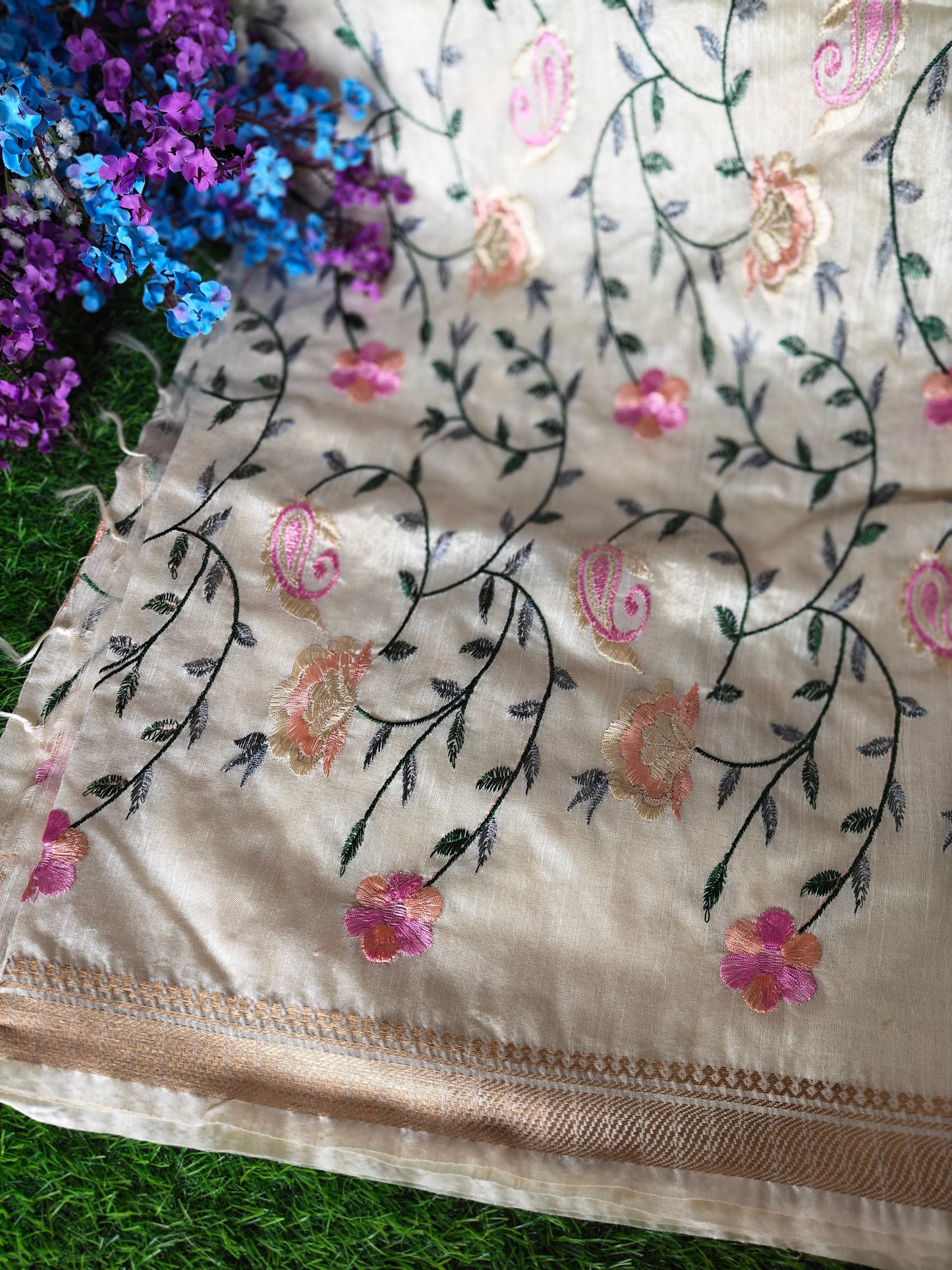 Cream colour Tusser silk multi colour thread embroidered