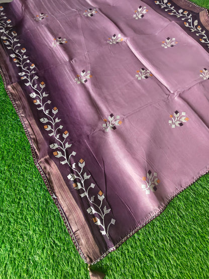 Double shaded dark wine & light wine color soft net thread embroidered saree