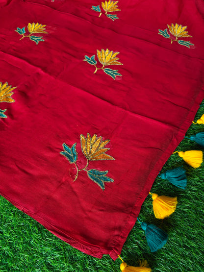 MulMul cotton Crimson Red colour thread embroidered Saree