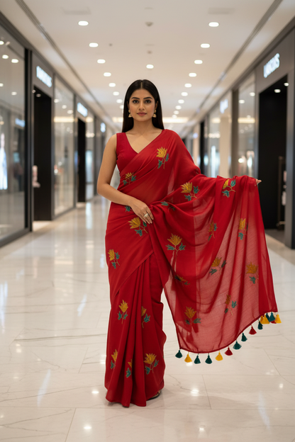 MulMul cotton Crimson Red colour thread embroidered Saree