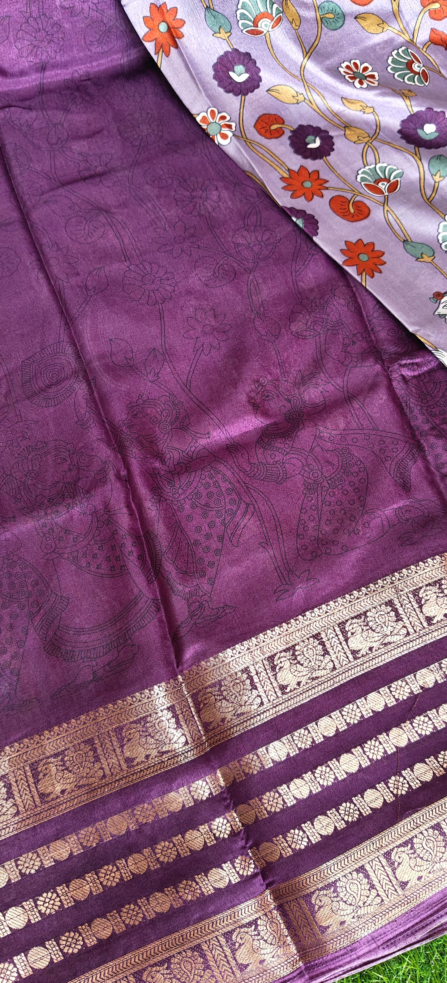 wine Kalamkari Print Semi Crepe Silk