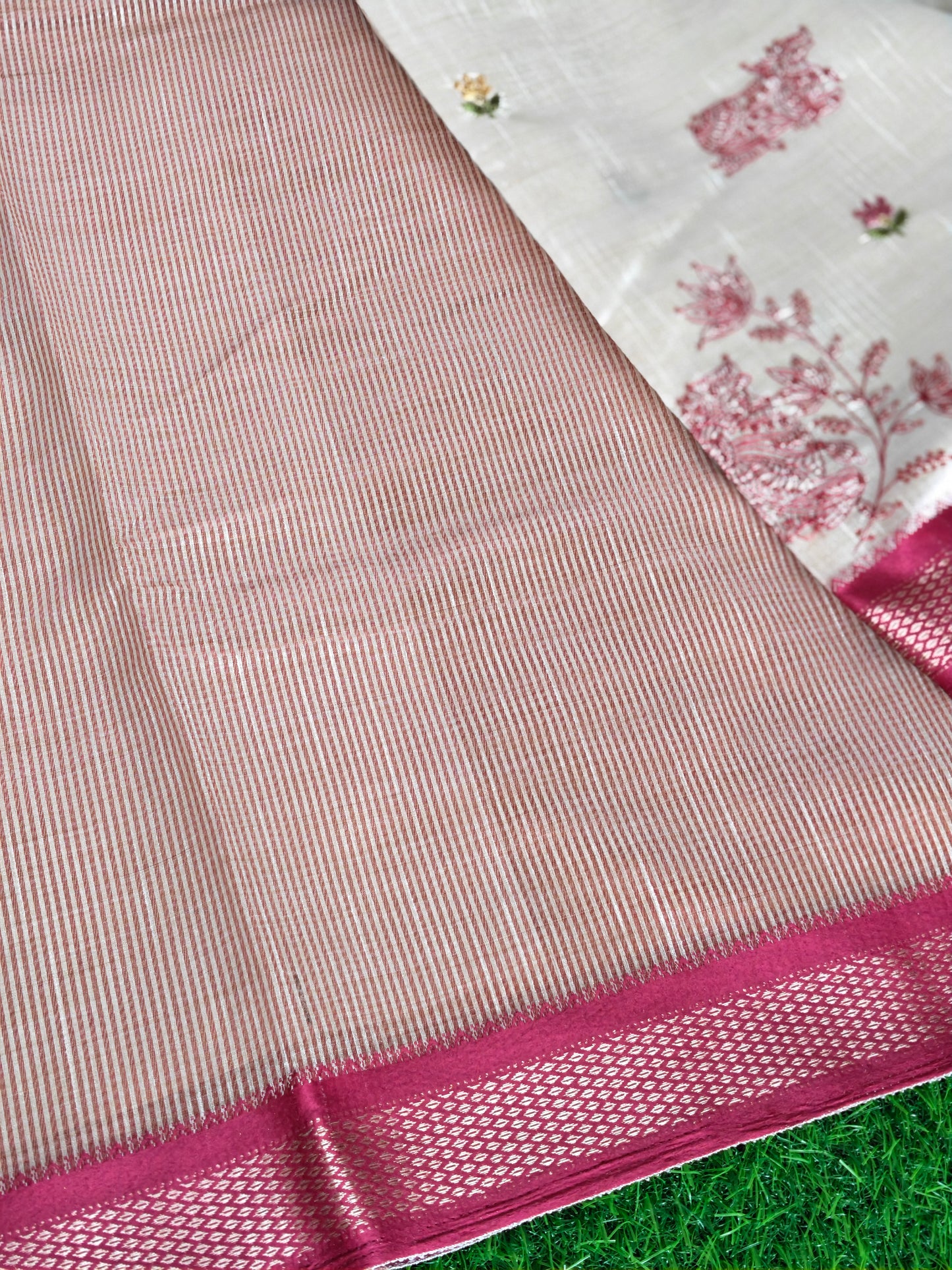 Cream Nandi Embroidered  Silk Saree