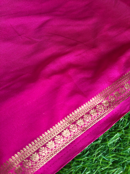 Rani Pink Color Semi Crepe Silk Saree With Slim Gold Border