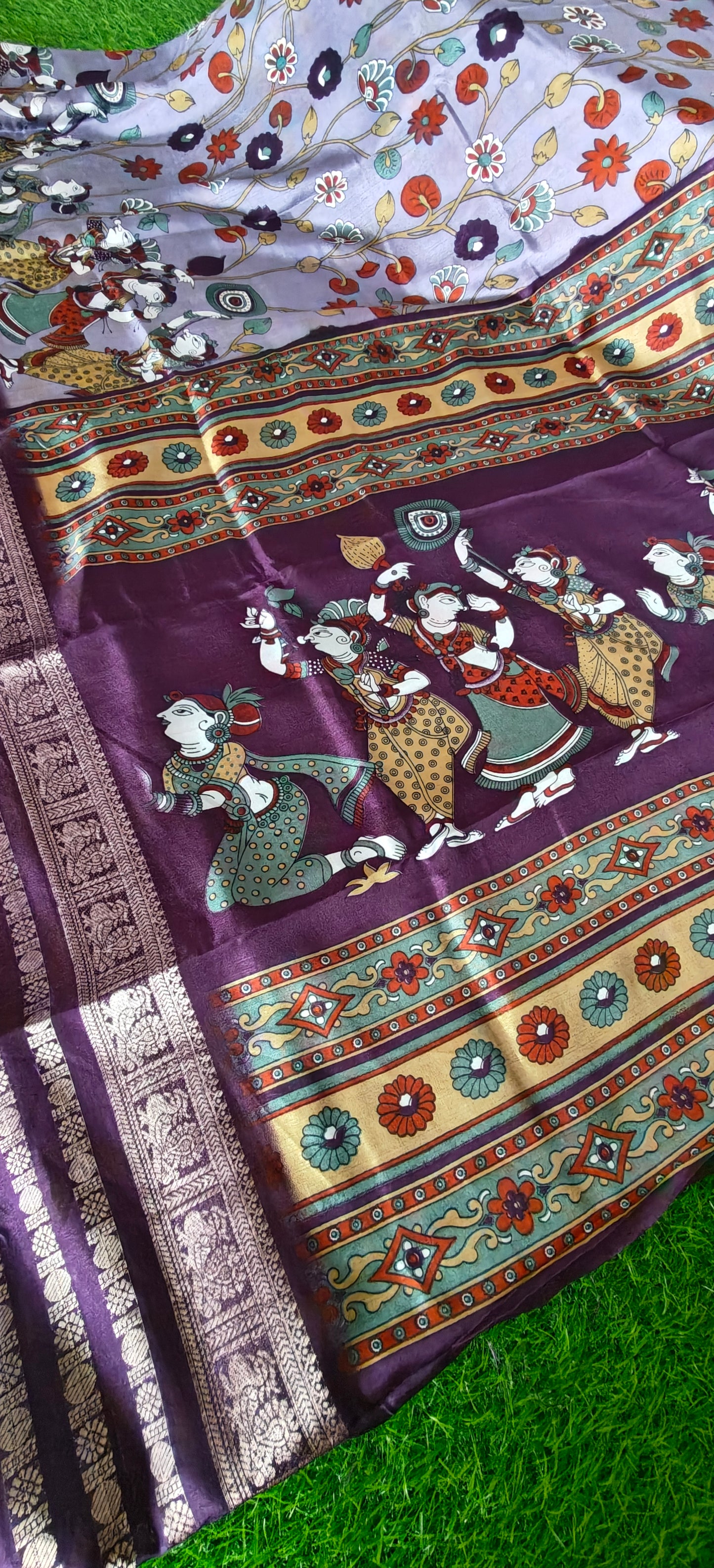 wine Kalamkari Print Semi Crepe Silk