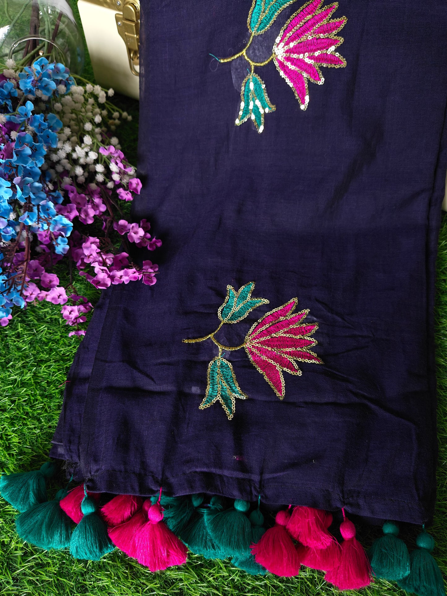 MulMul cotton dark blue colour thread embroidered Saree