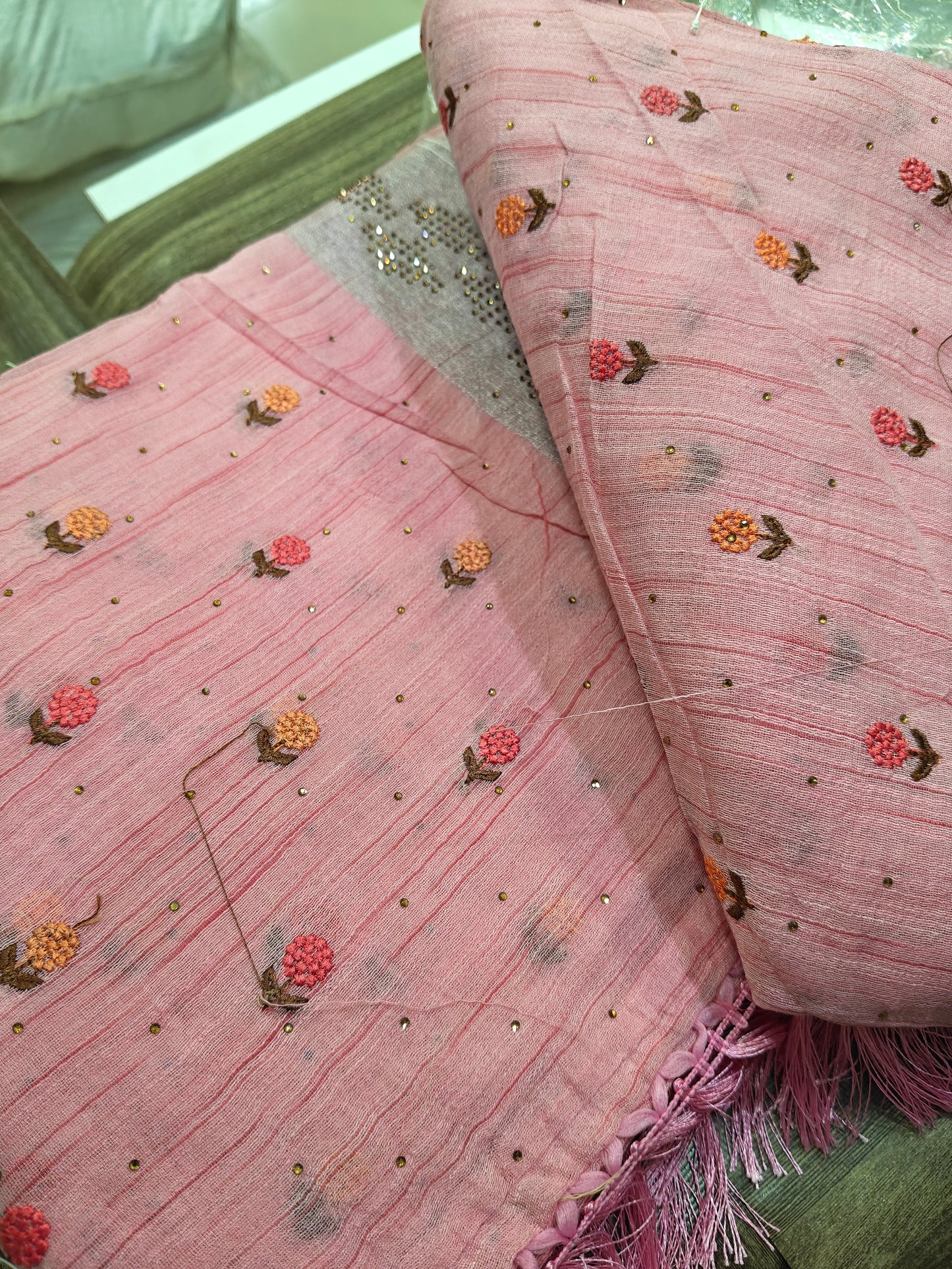 Pink Colour Thread Embroidered