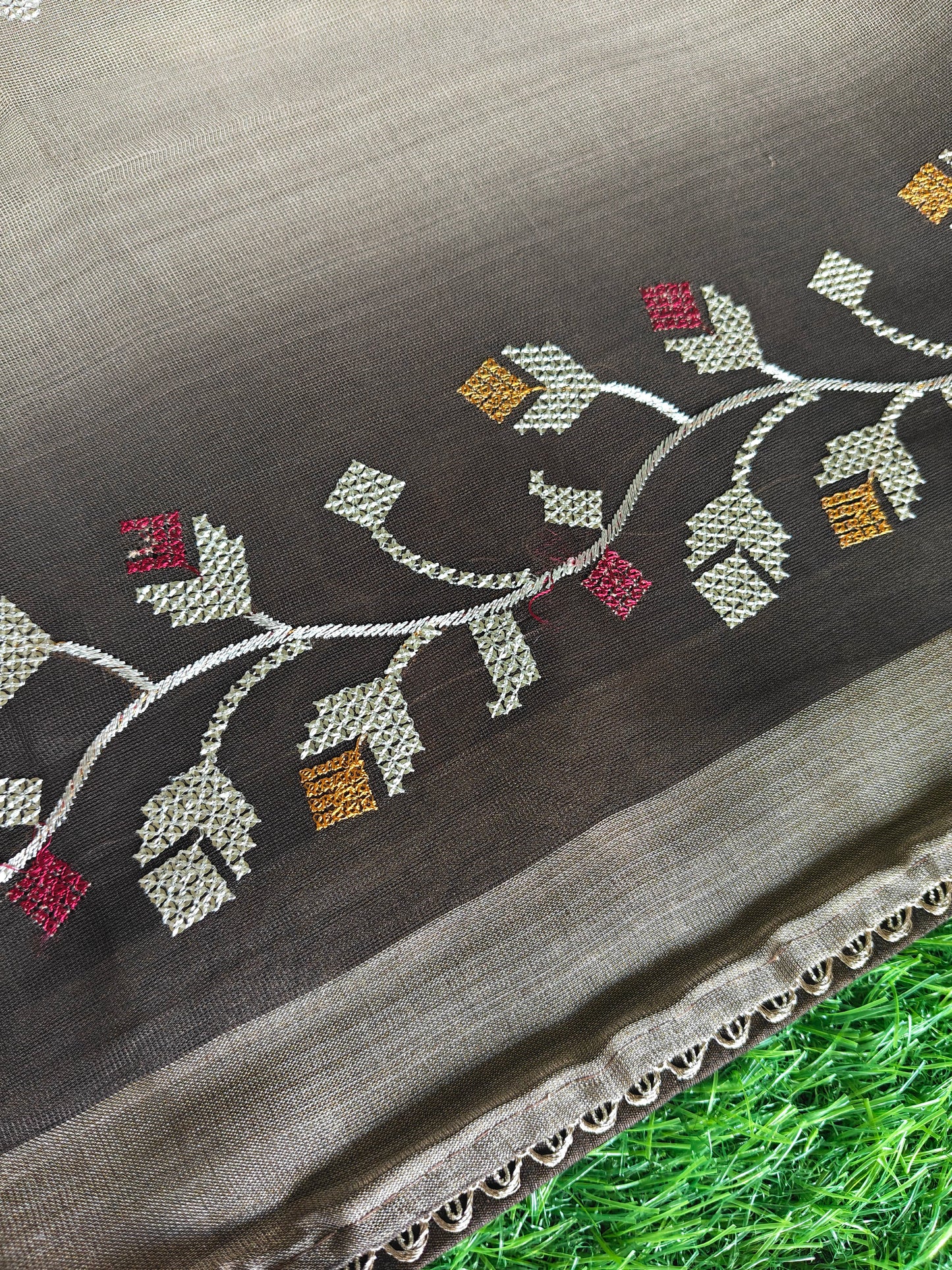 Double shaded coffee brown & ligh brown color soft net thread embroidered saree