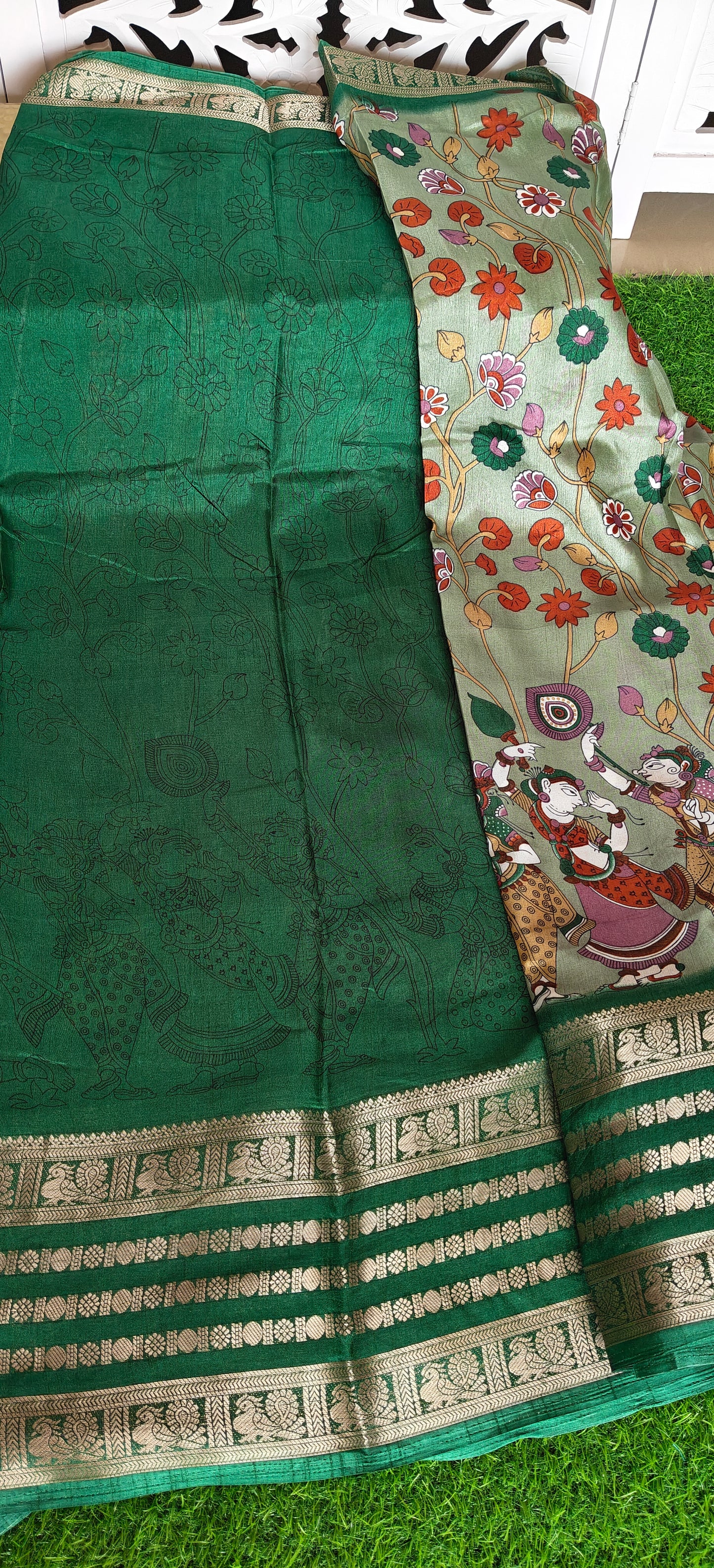 Green Kalamkari Print Semi Crepe Silk Saree