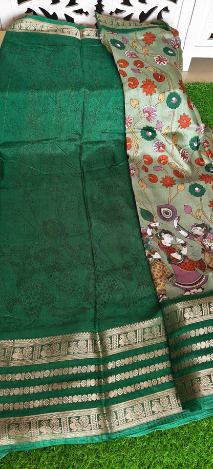 Green Kalamkari Print Semi Crepe Silk Saree