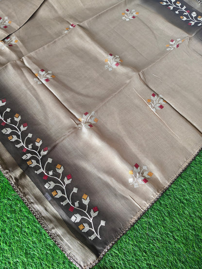 Double shaded coffee brown & ligh brown color soft net thread embroidered saree