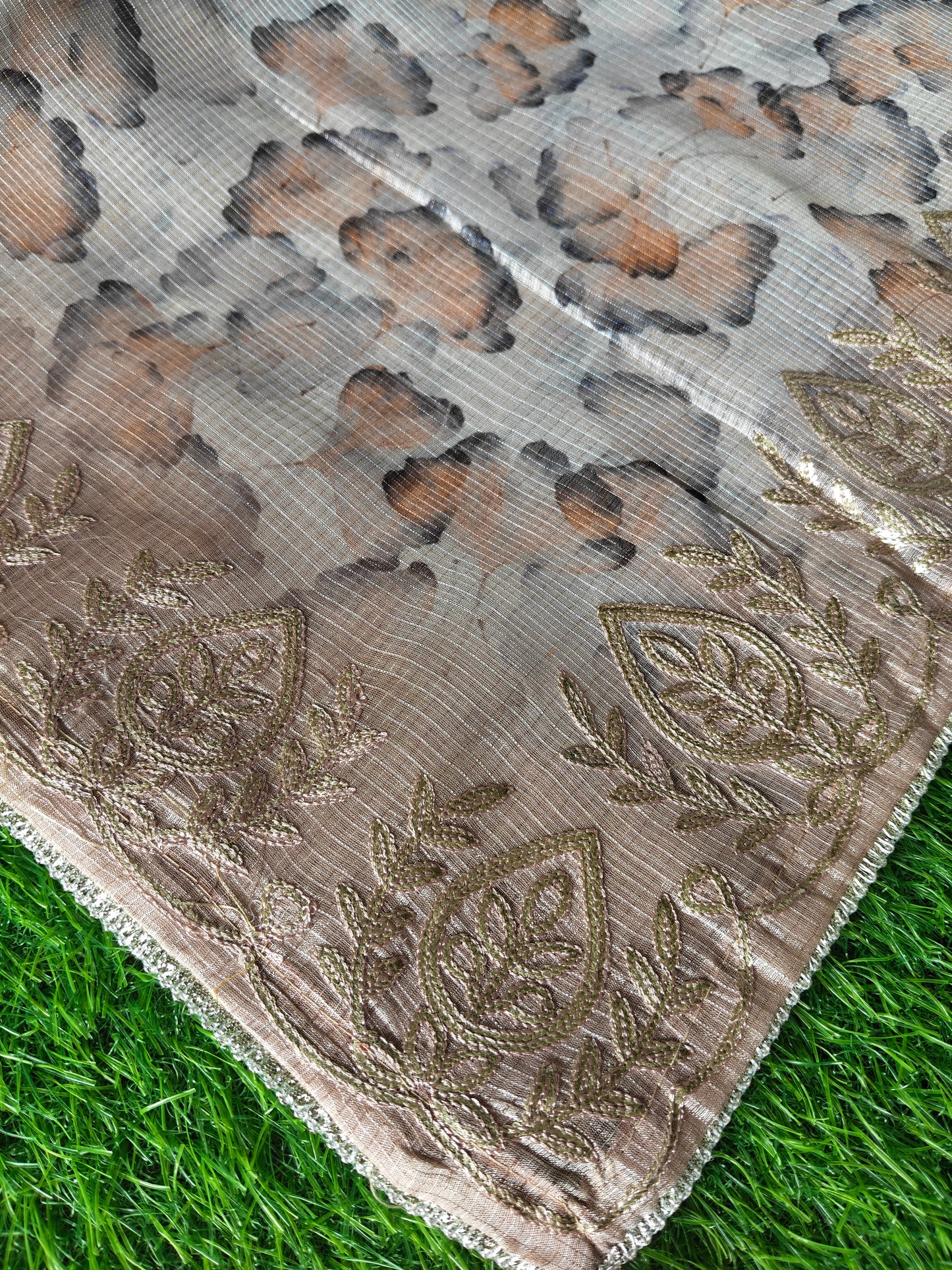 Earthy Brown Kota Cotton Silk Printed Saree with Zari Thread Embroidery & Contrast Blouse