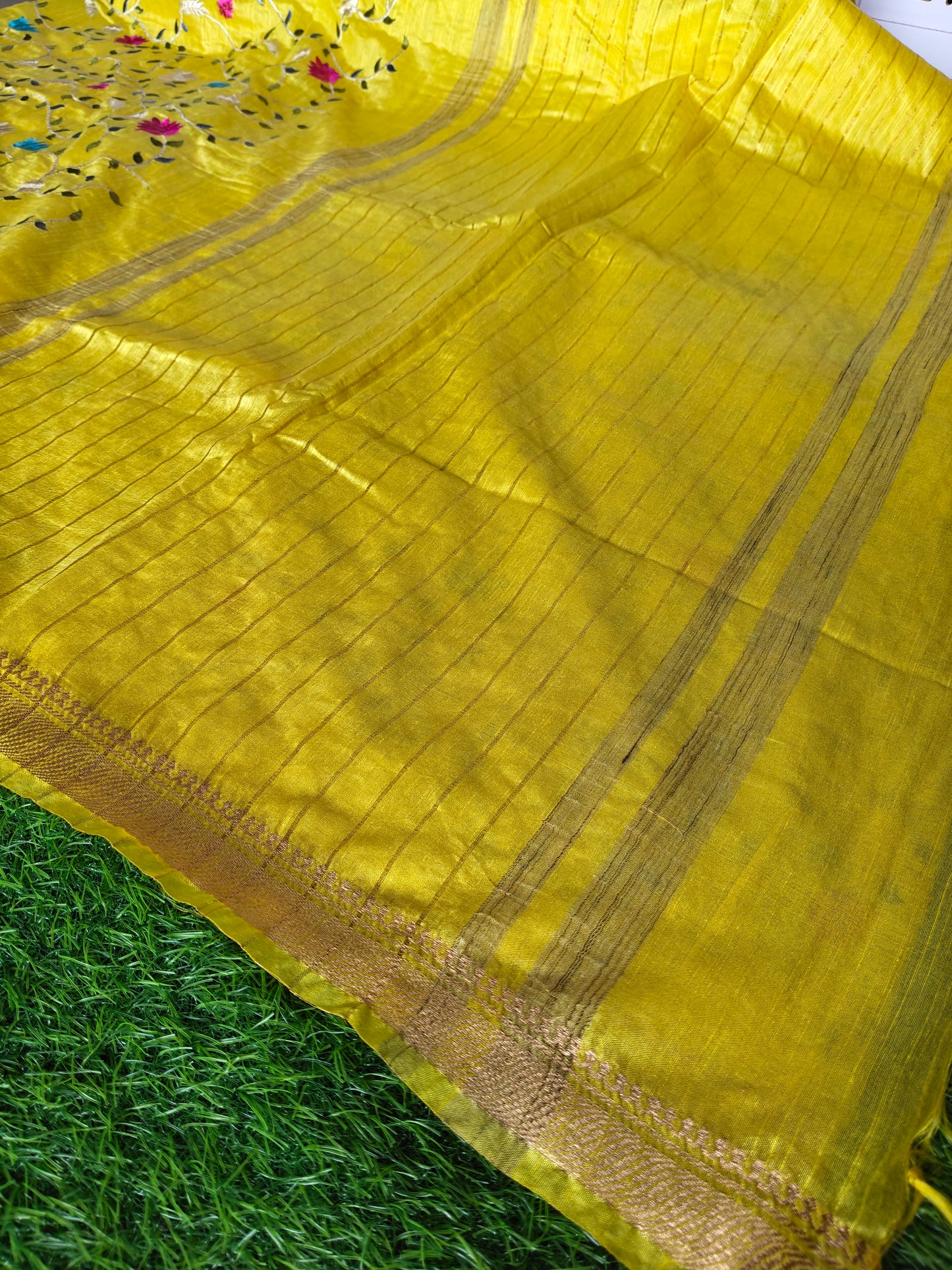 Yellow colour Tusser silk multi colour thread embroidered (Copy)