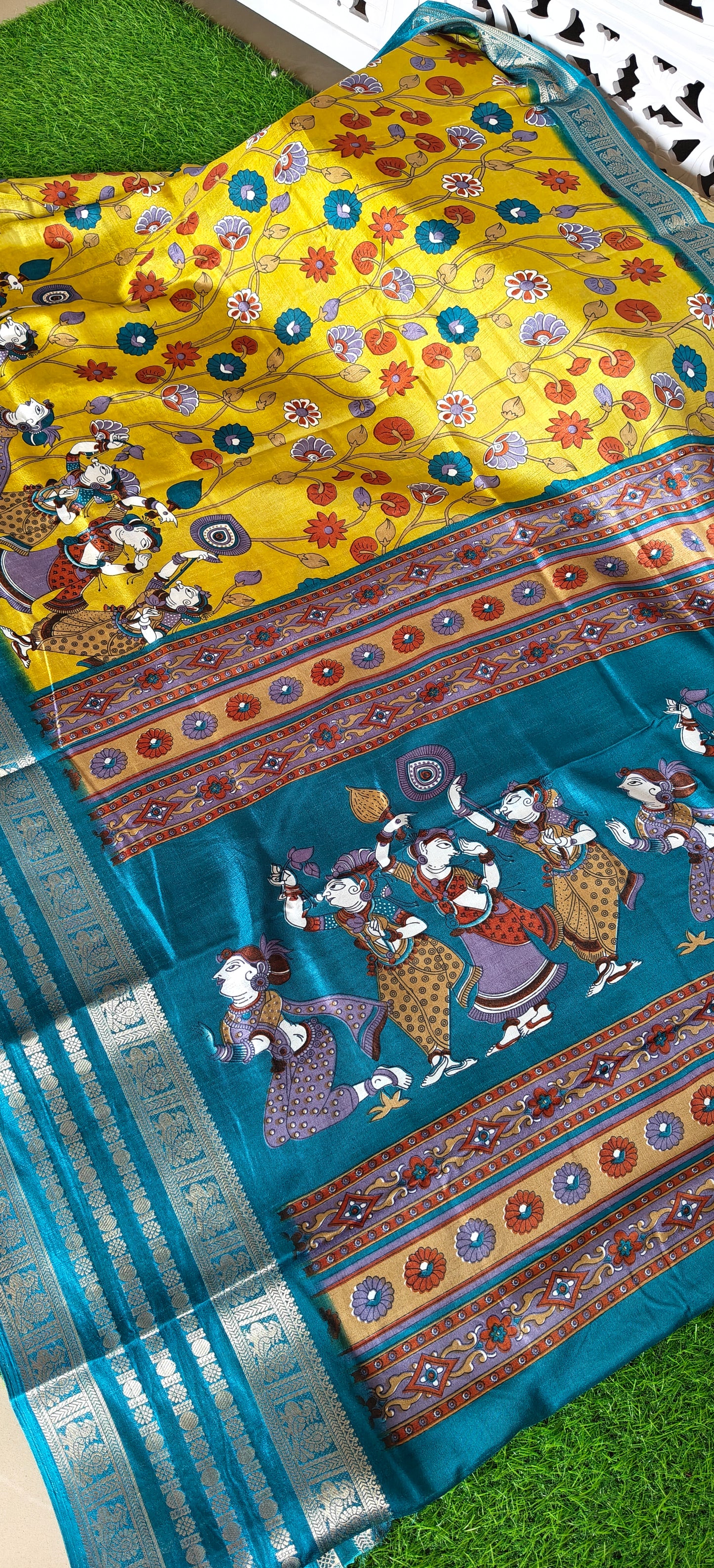Yellow Kalamkari Print Semi Crepe Silk
