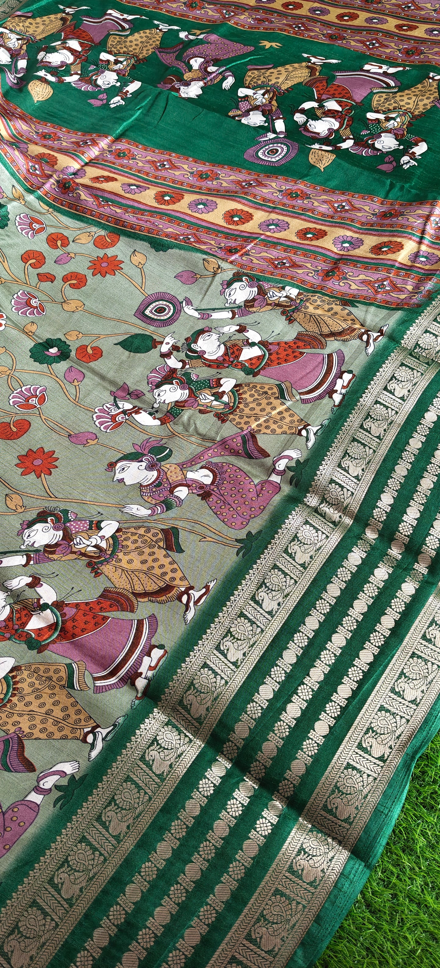 Green Kalamkari Print Semi Crepe Silk Saree