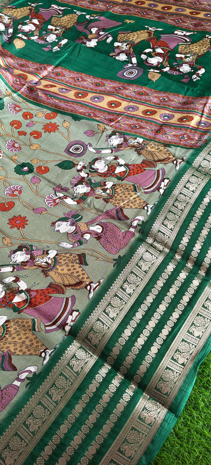 Green Kalamkari Print Semi Crepe Silk Saree