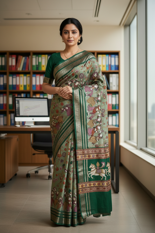 Green Kalamkari Print Semi Crepe Silk Saree