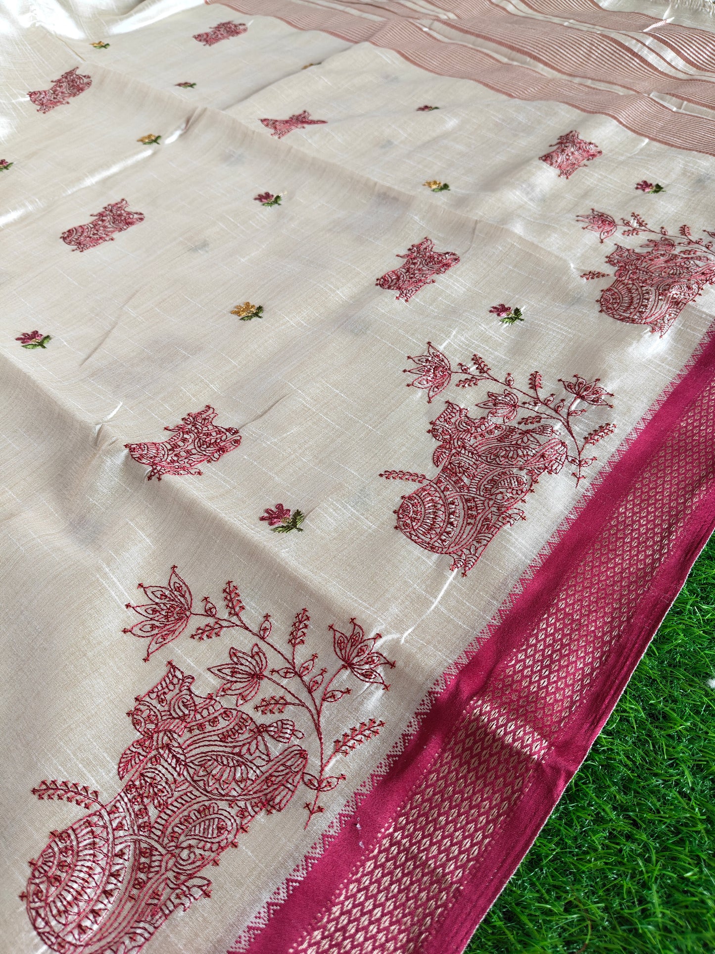 Cream Nandi Embroidered  Silk Saree