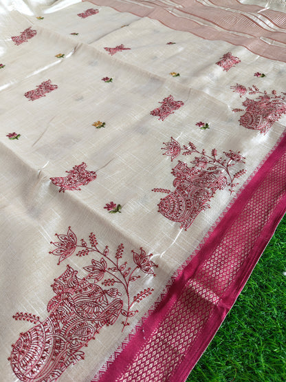 Cream Nandi Embroidered  Silk Saree