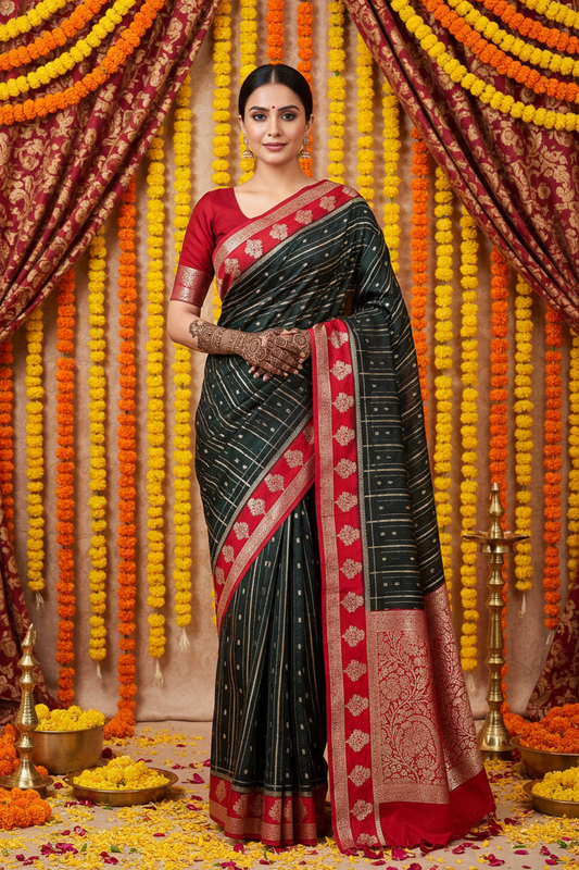 Green Semi Crepe Silk Saree with Contrast Border