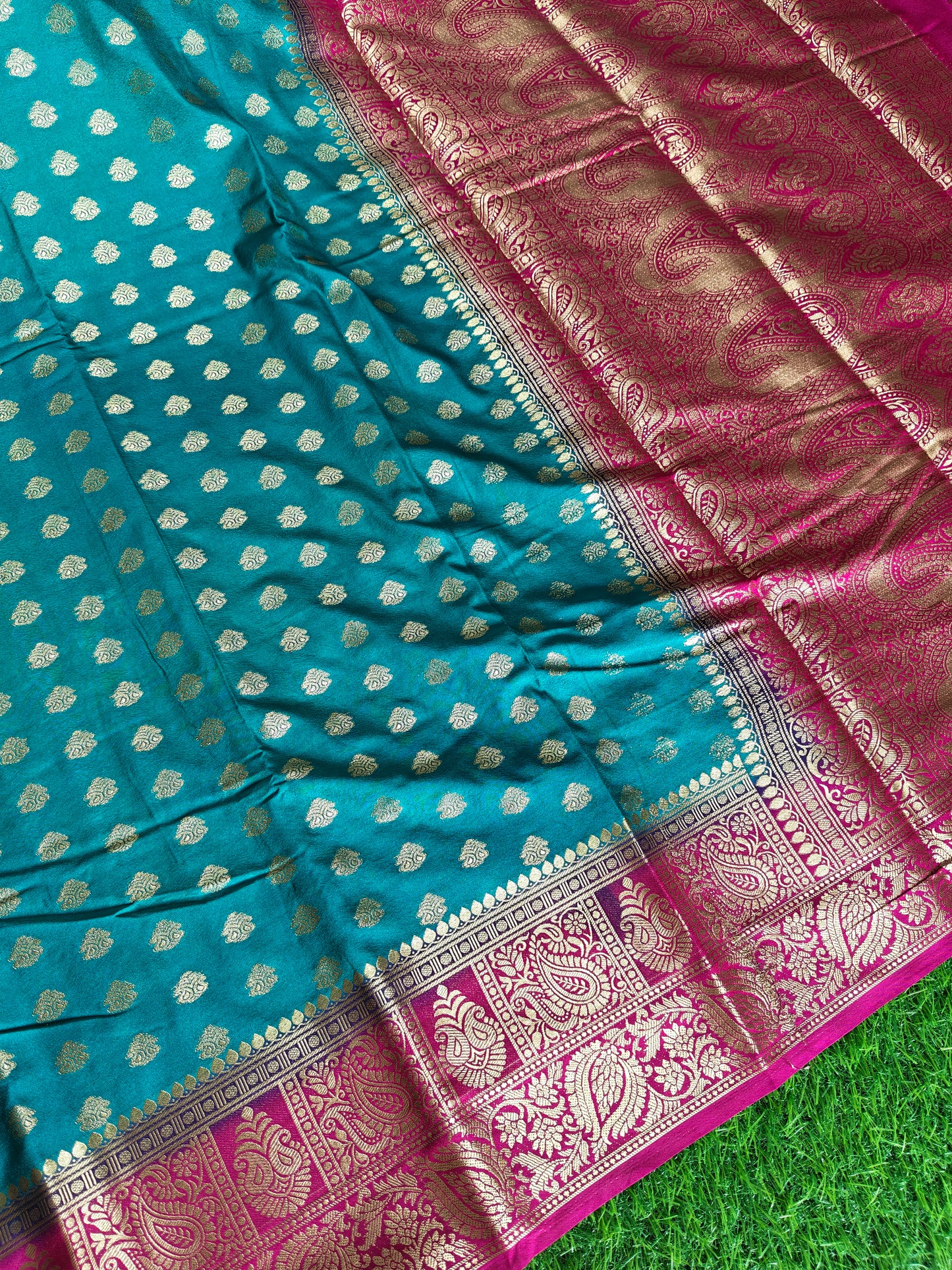 Peacock or Teal Blue Banarasi Semi Georgette Silk Saree with Rani Pink Contrast Border & Blouse