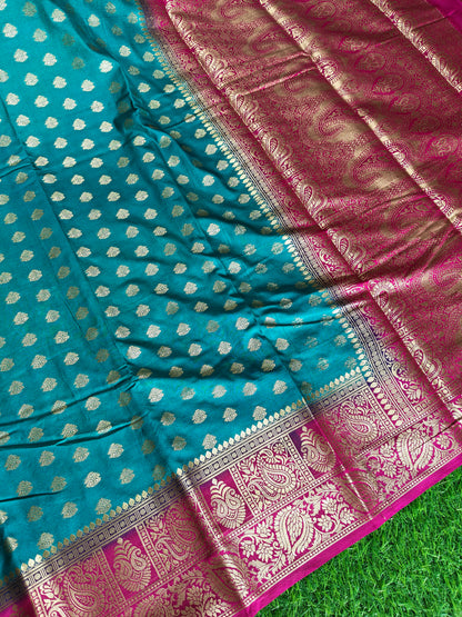 Peacock or Teal Blue Banarasi Semi Georgette Silk Saree with Rani Pink Contrast Border & Blouse