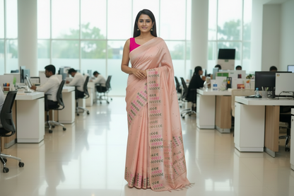Peach Embroidered  Cotton Saree
