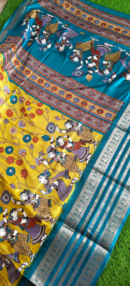 Yellow Kalamkari Print Semi Crepe Silk