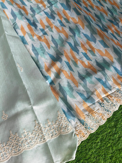 Multicolored sea green Italian satin crepe Silk with contrast blouse Saree
