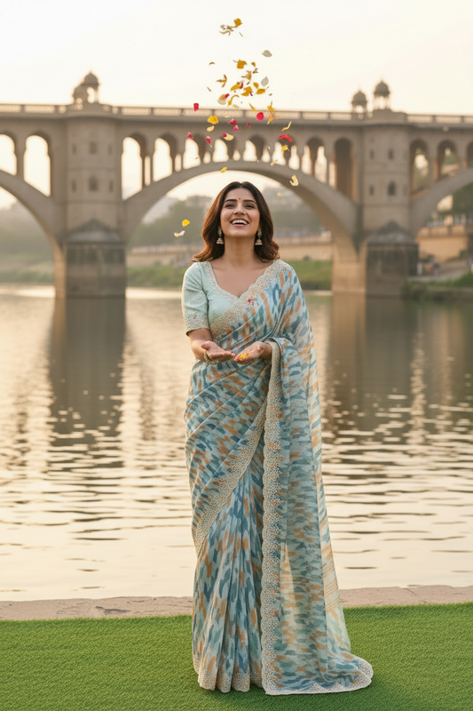 Multicolored sea green Italian satin crepe Silk with contrast blouse Saree