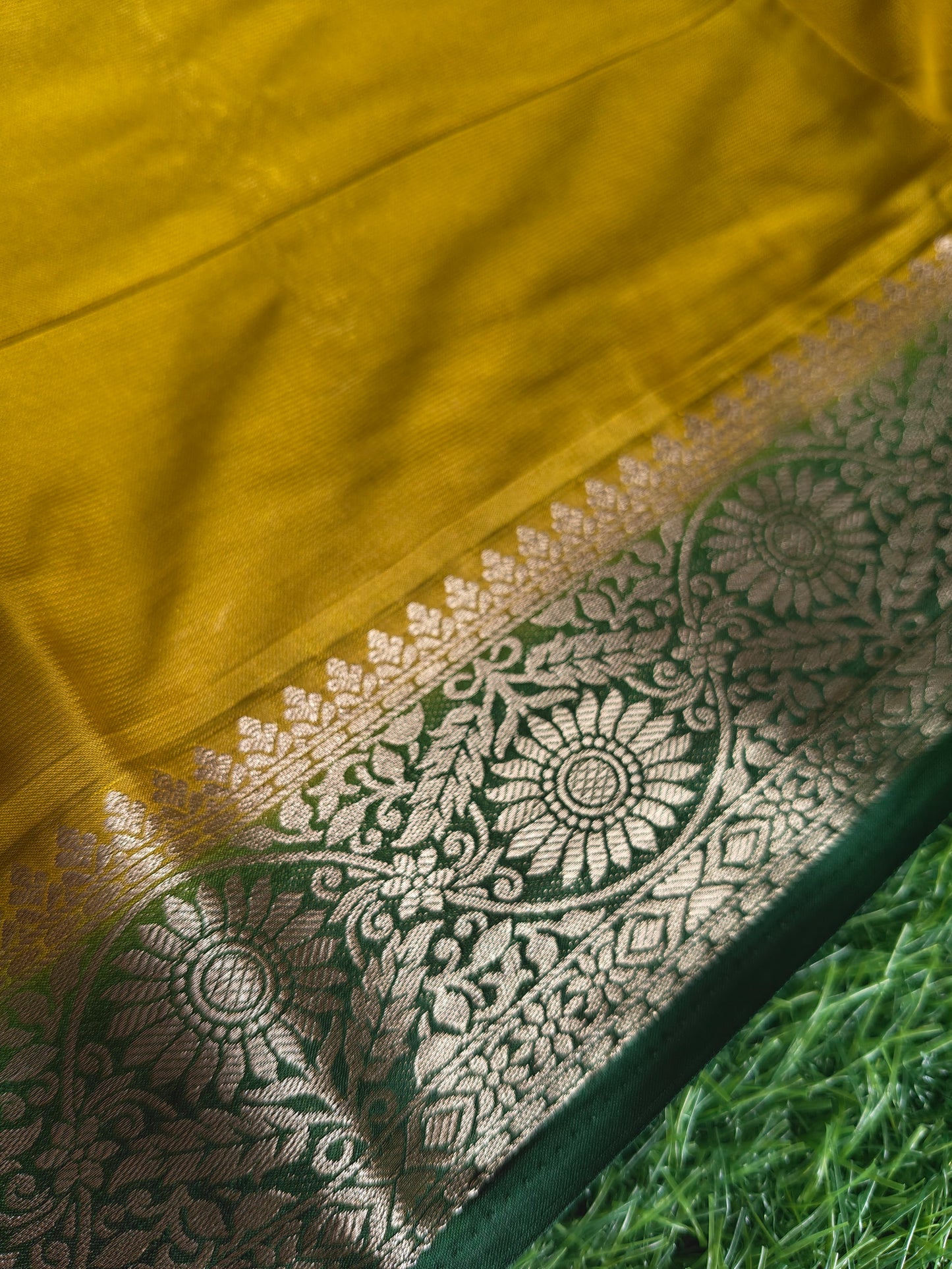 Yellow colour semi crepe solid colour with slim contrast border