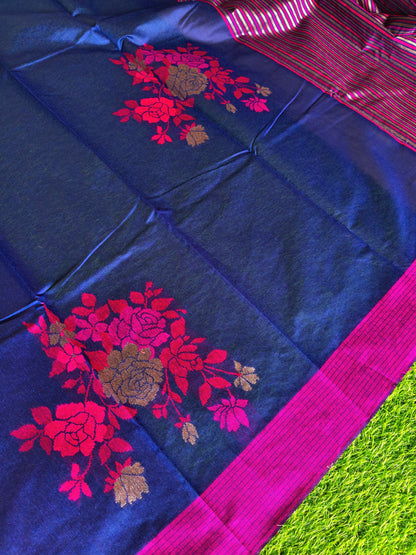 Royal Blue Cotton Saree with Thread Embroidery & Contrast Border | Elegant Traditional Saree