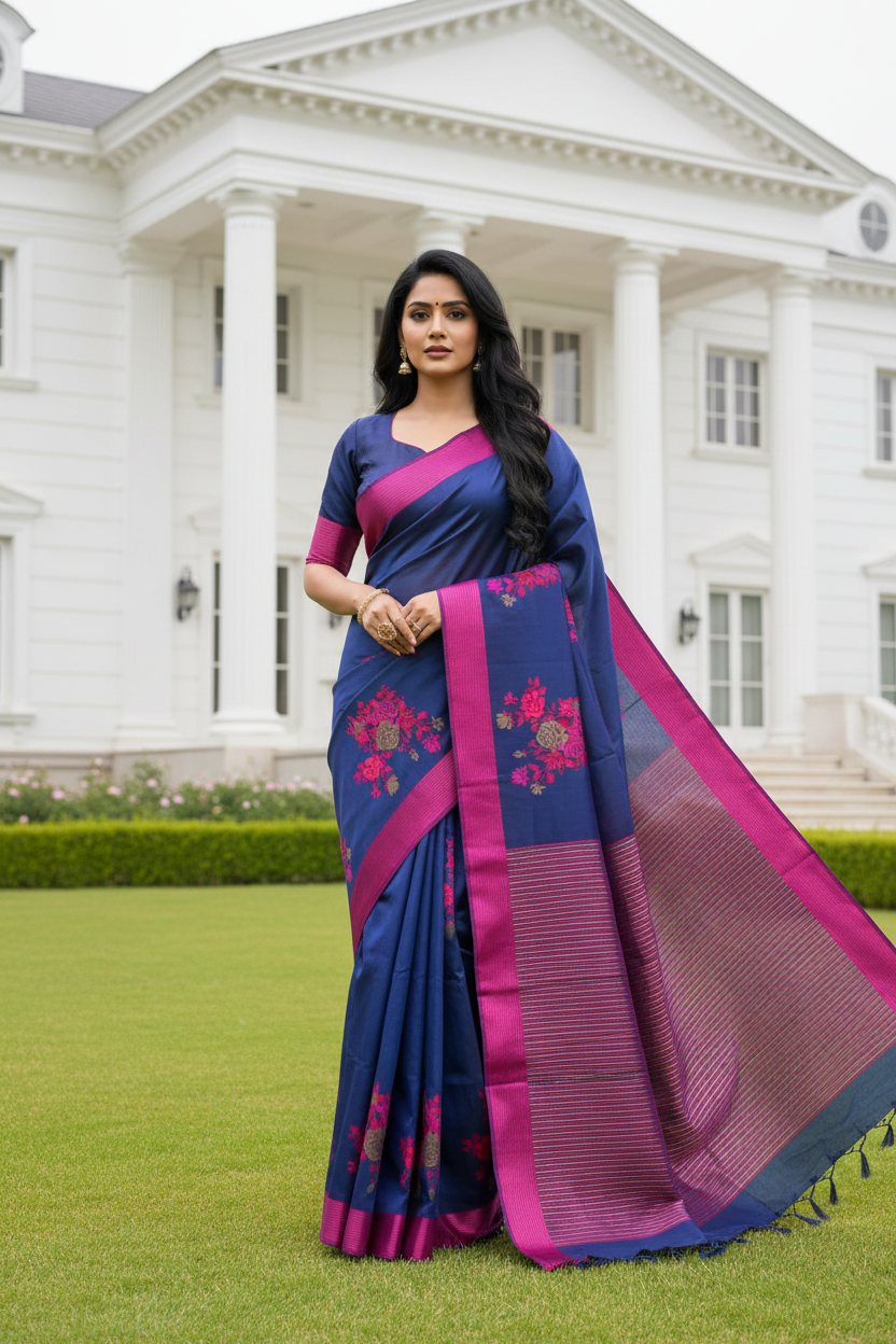 Royal Blue Cotton Saree with Thread Embroidery & Contrast Border | Elegant Traditional Saree