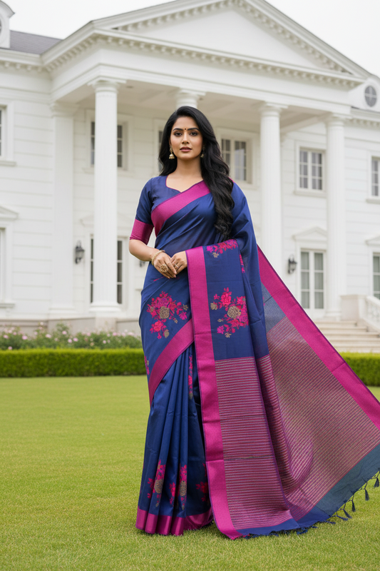 Royal Blue Cotton Saree with Thread Embroidery & Contrast Border | Elegant Traditional Saree