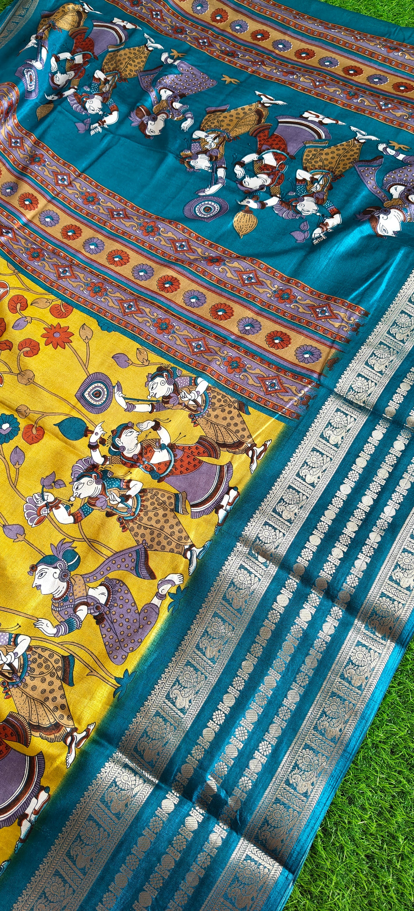Yellow Kalamkari Print Semi Crepe Silk