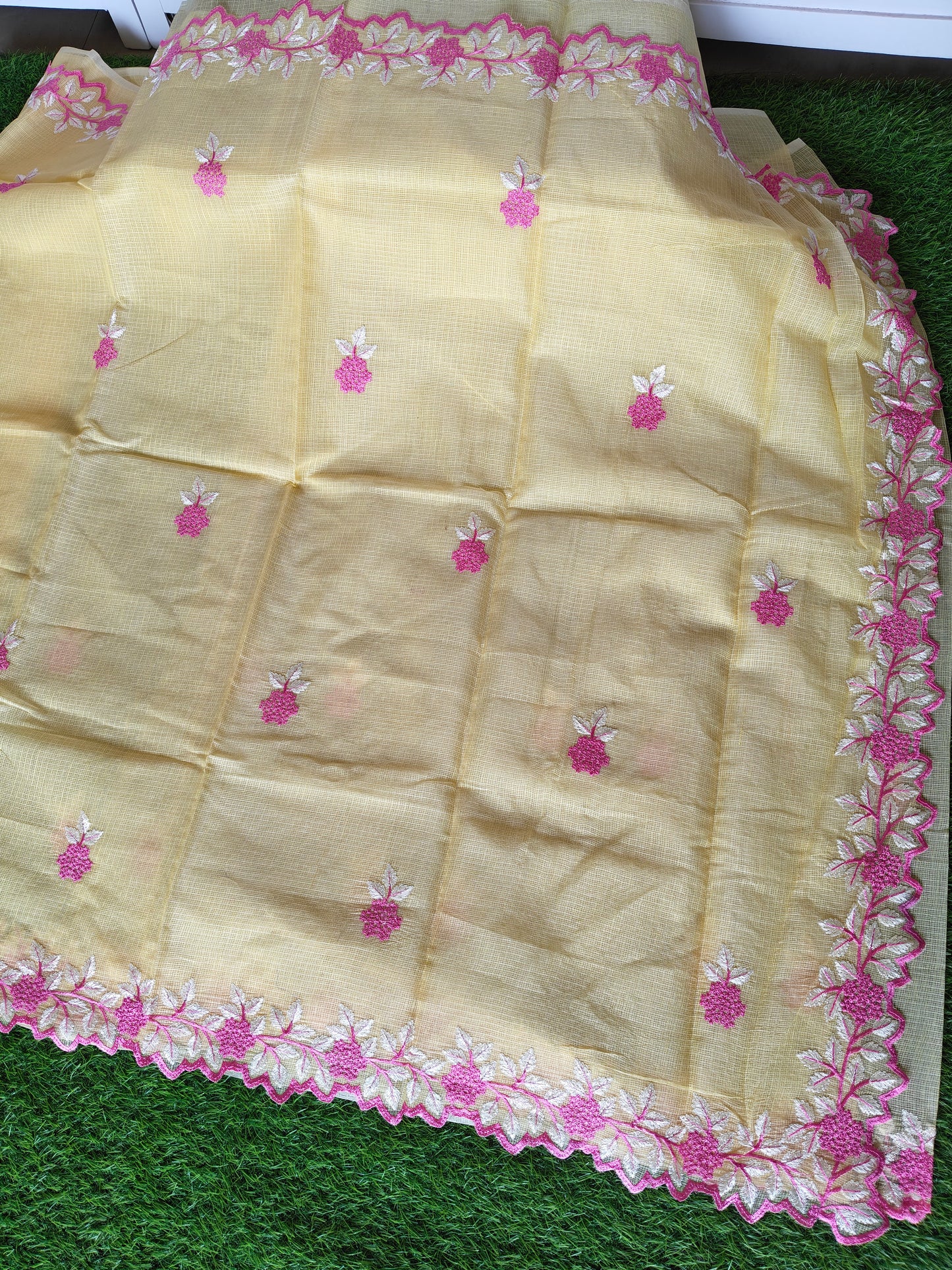 Kora cotton yellow  colour thread embroidered Saree