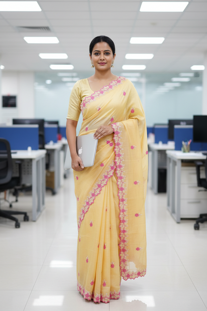 Kora cotton yellow  colour thread embroidered Saree