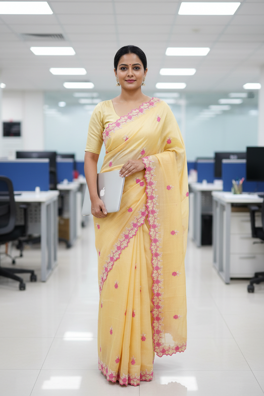 Kora cotton yellow  colour thread embroidered Saree