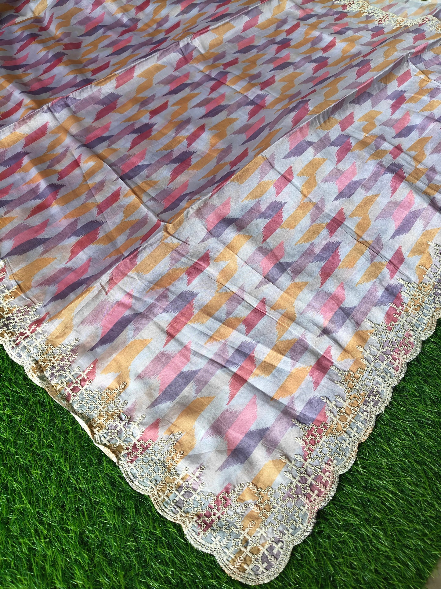 Multicolored Italian satin crepe Silk with contrast blouse Saree