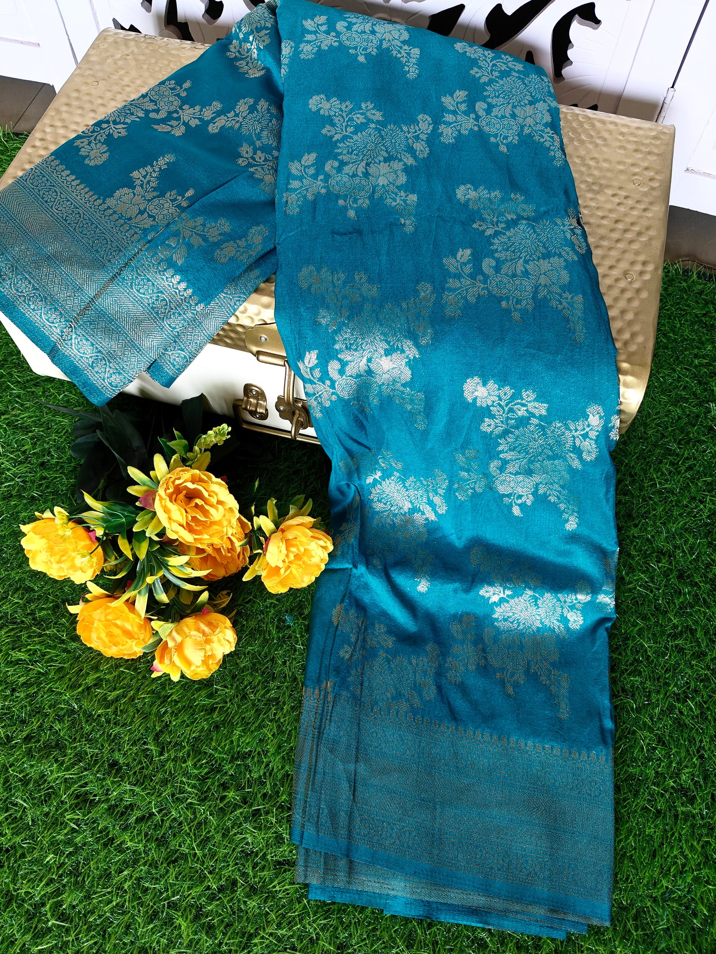 Grennish vlue Banarsi Silk Saree with gold weaving