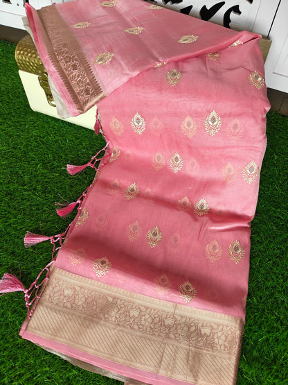 Pink Organza Saree with Butti Embroidery Work