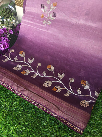 Double shaded dark wine & light wine color soft net thread embroidered saree